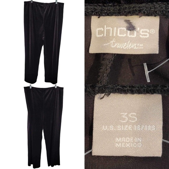 Chico’s Travelers Pant In Black Velvet 3S XL 16/18 Petite Wide Leg Holiday - Picture 1 of 11